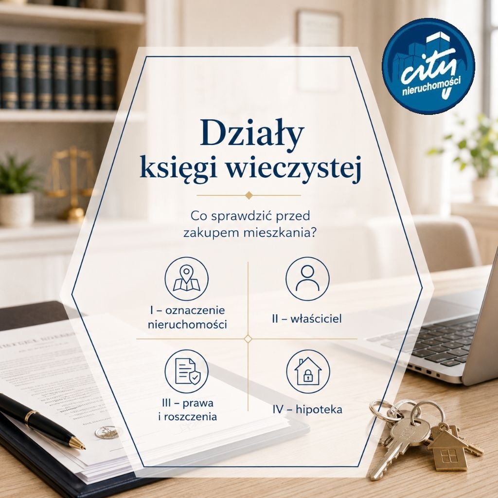Infografika przedstawiająca działy księgi wieczystej i najważniejsze informacje, które warto sprawdzić przed zakupem mieszkania