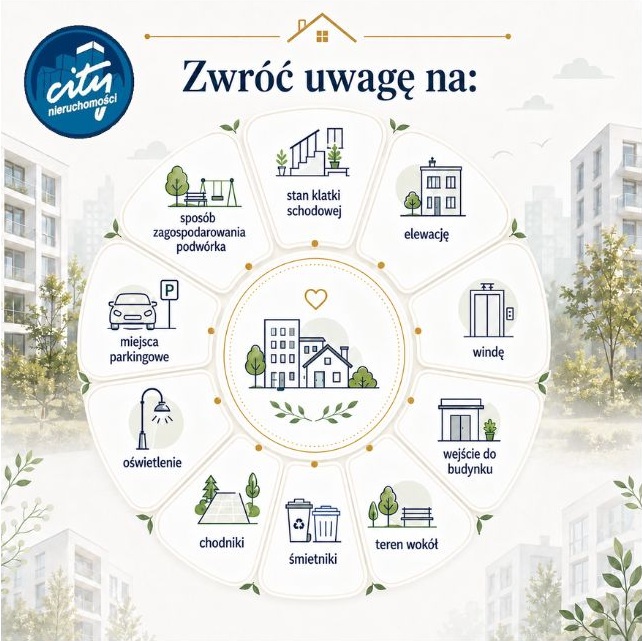 Na co zwrócić uwagę przy ocenie budynku i jego otoczenia przed zakupem mieszkania – klatka schodowa, elewacja, winda, parking, chodniki i teren wokół.