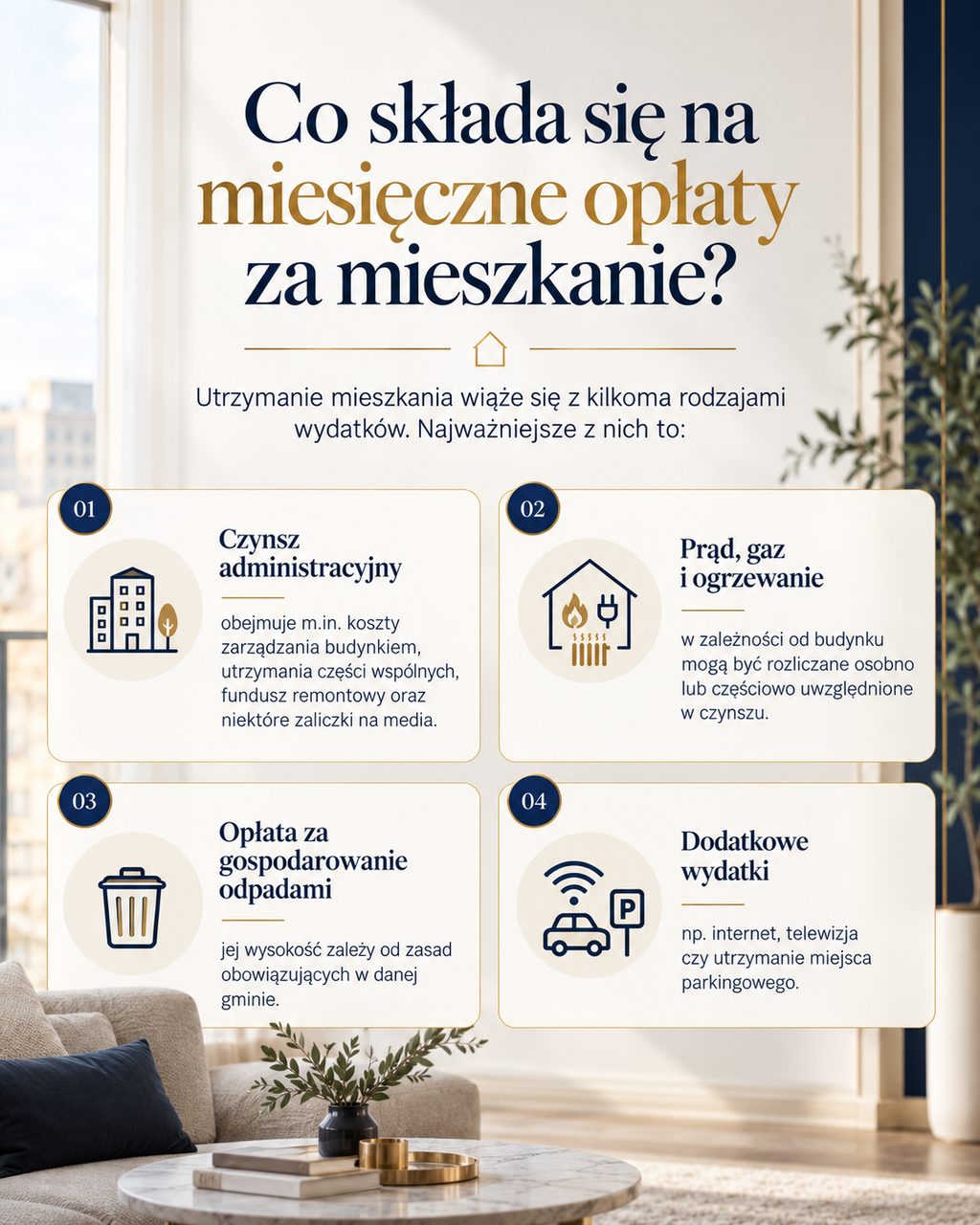 Infografika przedstawiająca, co składa się na miesięczne opłaty za mieszkanie: czynsz administracyjny, prąd, gaz i ogrzewanie, opłatę za gospodarowanie odpadami oraz dodatkowe wydatki.