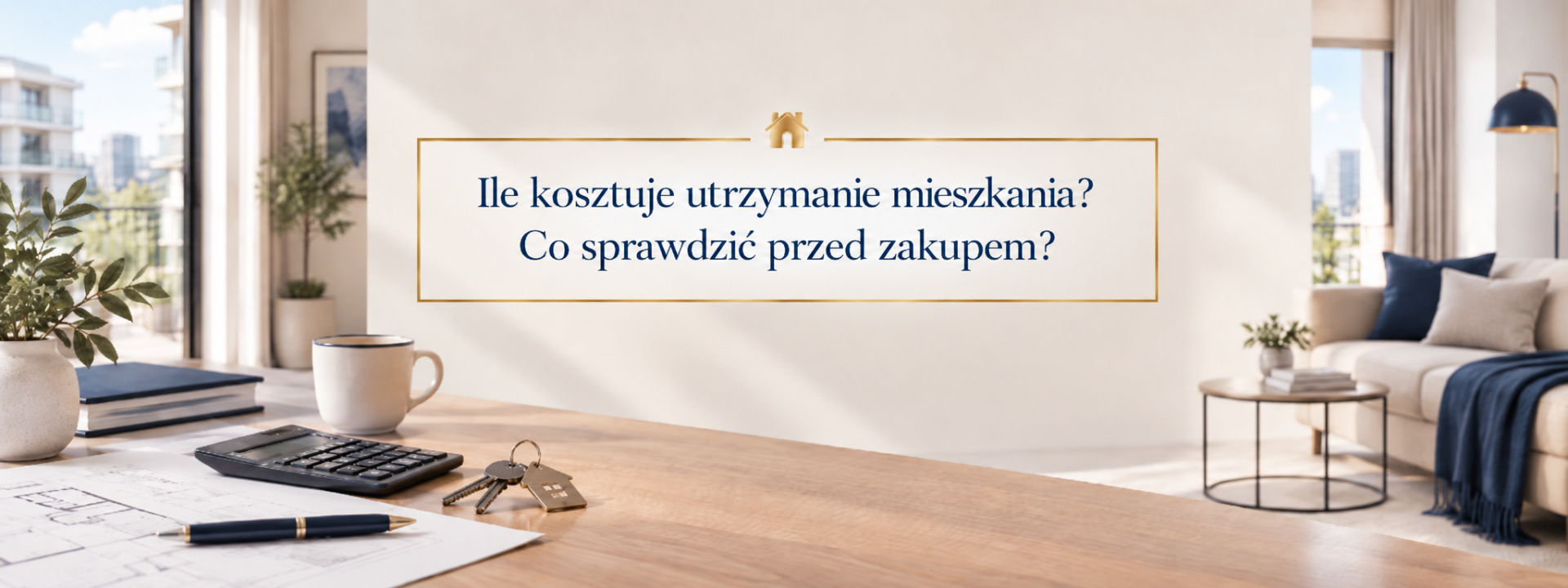 Ile kosztuje utrzymanie mieszkania? Co sprawdzić przed zakupem? Grafika przedstawiająca wnętrze mieszkania, kalkulator, dokumenty i klucze.